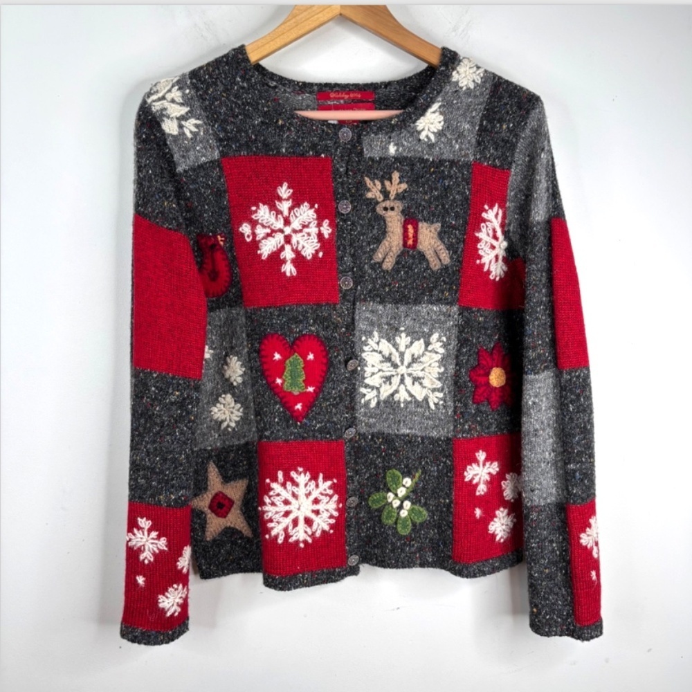 VTG Northern Isles Wool Christmas Cardigan S Patchwork Cottage Embroidery Granny